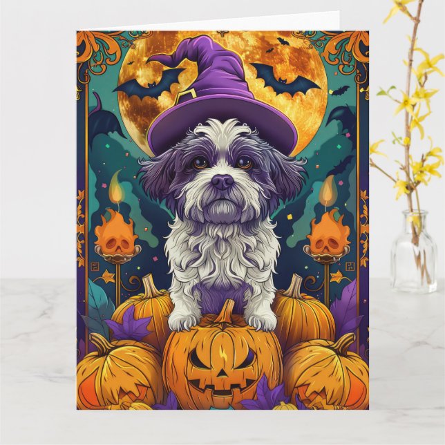 Cartão Spooky Shih Tzu Dog Halloween Bruxelles E Pumpkin (Flor Amarela)