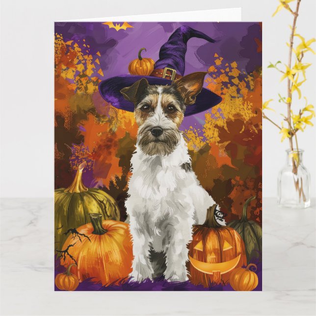 Cartão Spooky Wirefox Terrier Dog Halloween Witch Pumpkin (Flor Amarela)