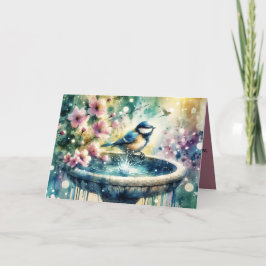 Cartão Spring Bird Bath Watercolor 