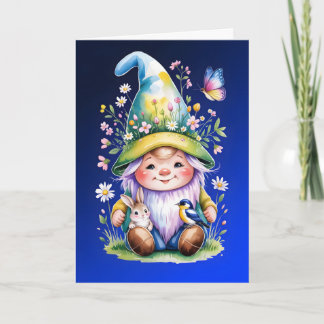 Cartão Spring Gnome with Bunny and Bluebird