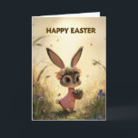 Cartão Spring Meadow Bunny in Pink Dress Easter Card<br><div class="desc">This adorable Easter card features a sweet baby bunny in a pink embroidered dress, wearing a soft floral crown and carrying a basket of colorful eggs. Surrounded by tall glowing grass, pastel flowers, and fluttering butterflies, the artwork captures a dreamy springtime atmosphere. Perfect for kids, families, and anyone who loves...</div>