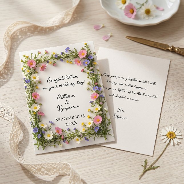 Cartão Spring Wildflower Border Wedding Congratulations (Criador carregado)