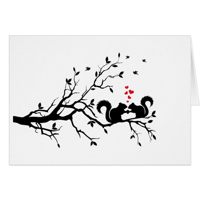 Cartão Squrrels com corações vermelhos no ramo de árvore (Frente Horizontal)