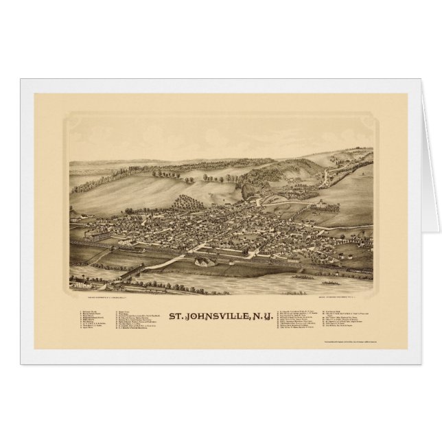 Cartão St. Johnsville, mapa panorâmico de NY - 1890 (Frente Horizontal)