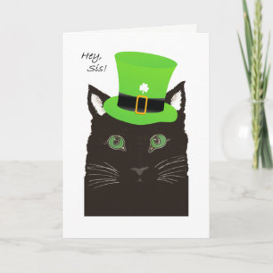 Cartão St Paddy's Day, for Sister, Sis, Cat wears Hat