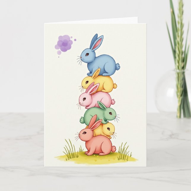 Cartão Stacked Rabbit Friends Cute Art Card (Frente)