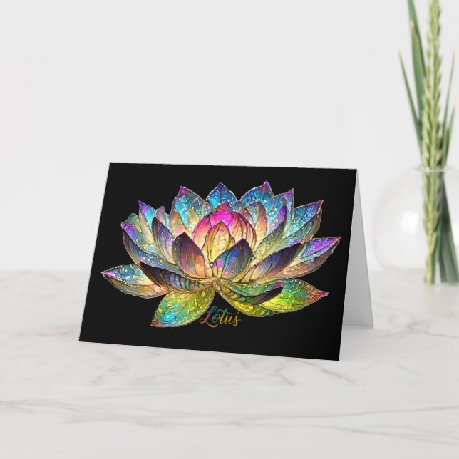 Cartão Stained Glass Colorful Lotus Flower on Black (Frente)