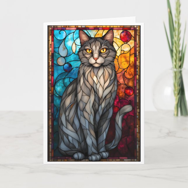 Cartão Stained Glass Style Gray Cat (Frente)