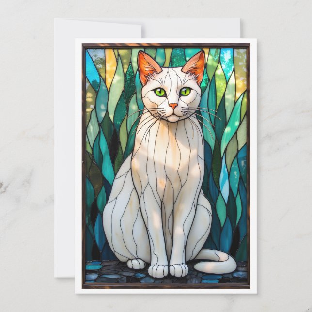 Cartão Stained Glass Style White Cat with Green Eyes (Frente)
