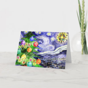 Cartão Starry Night Christmas Tree Watercolor