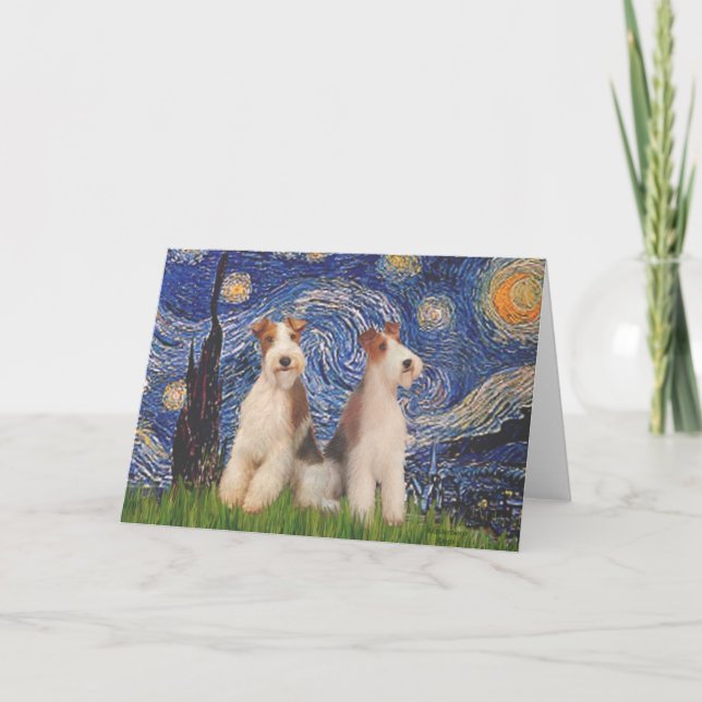 Cartão Starry Night - Dois Terriers de Fox com Fios (Frente)