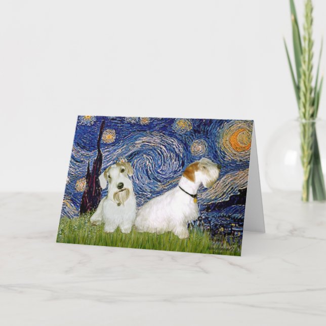 Cartão Starry Night - Dois Terriers de Sealyham (Frente)