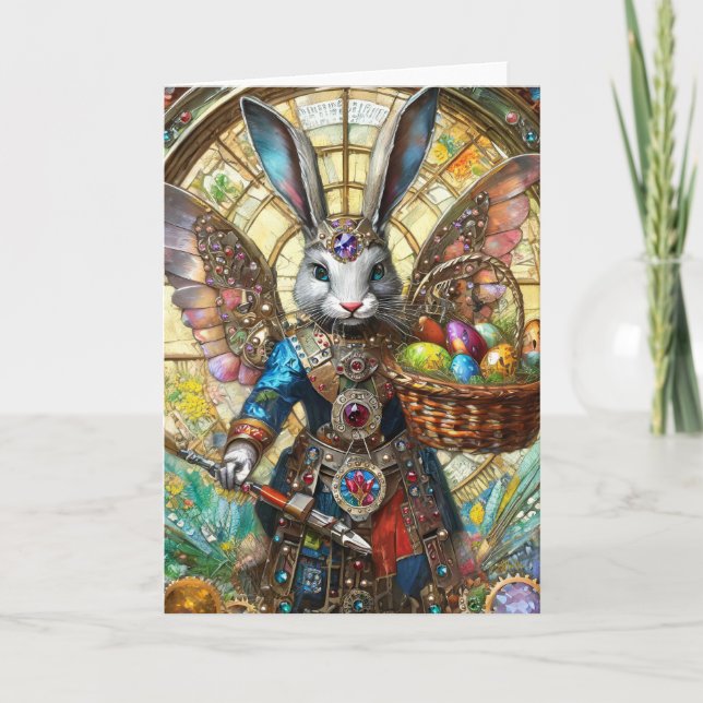 Cartão Steampunk Easter Bunny Warrior Angel (Frente)