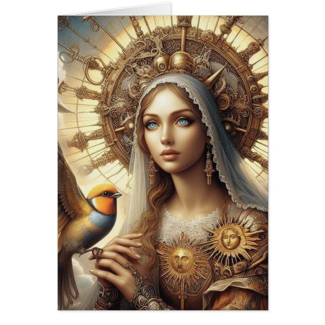 Cartão Steampunk Mary e um pássaro (Frente)