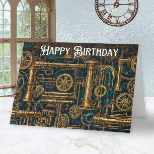 Cartão Steampunk Retro Metal Cogs Engrenagens Feliz Anive