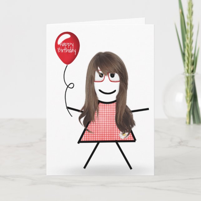 Cartão Stick Birthday Gingham Girl com Red Balloon (Frente)