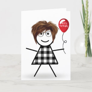 Cartão Stick Birthday Girl com Red Balloon