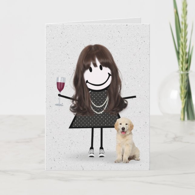 Cartão Stick Figure Birthday Girl with Dog (Frente)
