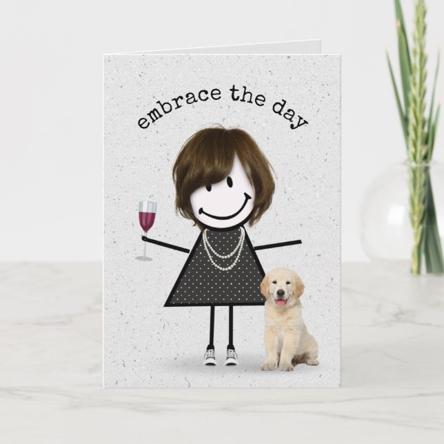 Cartão Stick Figure Birthday Girl with Dog (Frente)