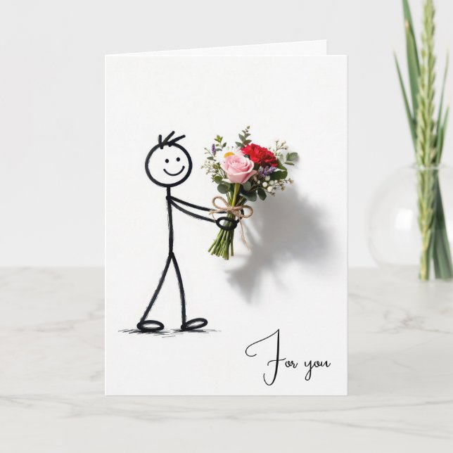 Cartão Stickman de Aniversário com Buquê de Rosas (Frente)