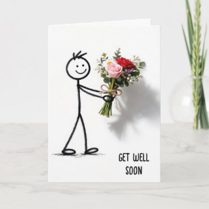 Cartão Stickman se Recuperando com Buquê de Rosas