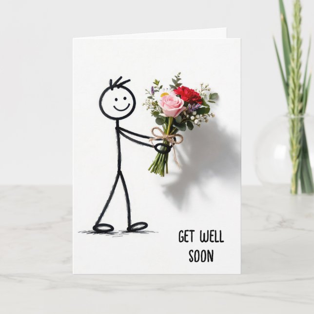 Cartão Stickman se Recuperando com Buquê de Rosas (Frente)