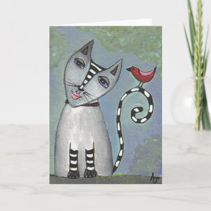 Cartão Striped Cat & Red Bird - Greeting Card
