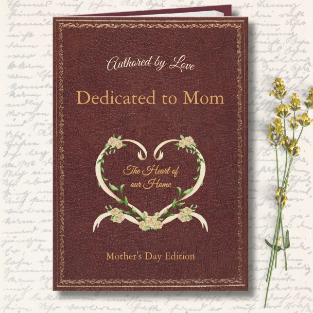 Cartão Stylish and Unique Mother's Day Storybook Photo (Heirloom Brown Printed Leather Storybook Mother's Day Card. Vintage Cover with Heart Wreath.)