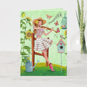 Cartão Stylish green music girl & violin summer Greeting