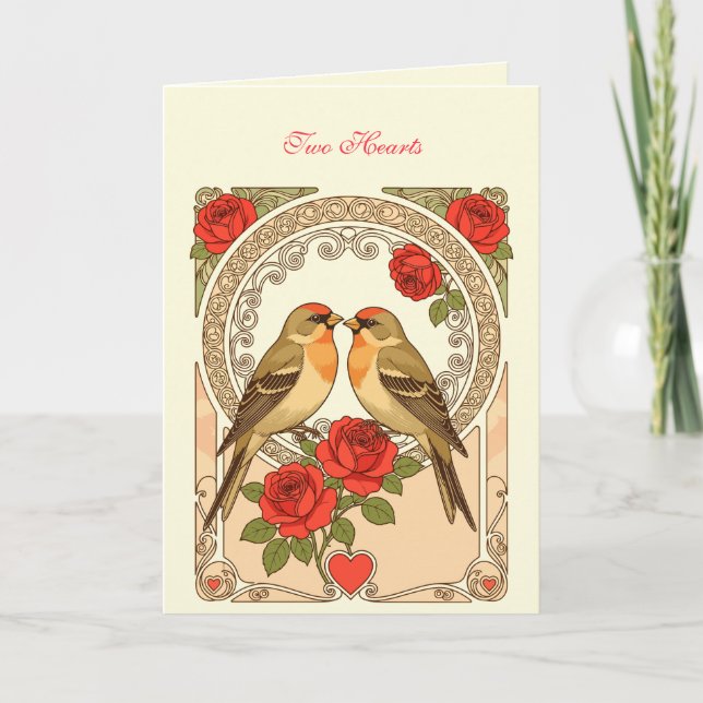 Cartão Stylized Birds and Red Roses Art Nouveau (Frente)