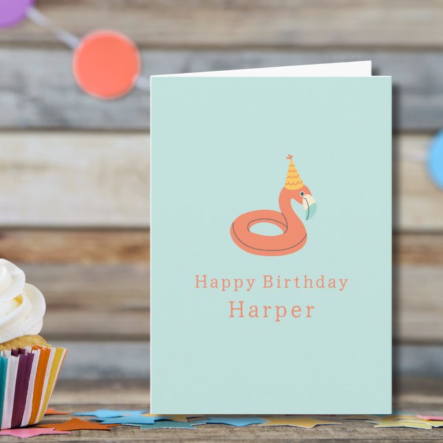 Cartão summer flamingo float kids birthday pool party (flamingo birthday pool party personalized custom name birthday card)