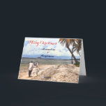 Cartão Summer Tropical Beach Weding Watercolor Christmas<br><div class="desc">A Carta de Natal de Casamento Tropical de Praia de Verão, Watercolor, tem um belo casal de casamento a desfrutar de uma caminhada romântica na praia com palmeiras, água do mar azul e céu. Fotografia do casal de casamento Denise Bennerson, fotógrafo tirado na bela praia em Ruas. Croix USA Virgin...</div>