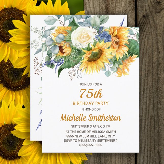Cartão Sunflower Eucalyptus Floral 75.o aniversário (Sunflowers and eucalyptus 75th birthday party invitation, customized with your text)