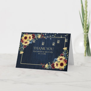 Cartão Sunflower Navy Blue Burgundy Wood Floral Wedding