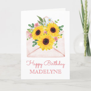Cartão Sunflower Watercolor Botânica Happy Birthday