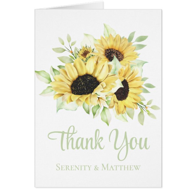 Cartão Sunflower Watercolor Floral Weding Obrigado (Frente)