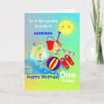 Cartão Sunshine Beach Theme Grandson Happy Birday<br><div class="desc">Sol super fofo sorrindo sobre uma cena litorânea de crianças balde e espaço ao longo de um castelo de areia divertido; uma design tão divertida e colorida e fácil de personalizar com um nome,  idade e mensagem,  para esse toque especial extra sem custo extra.</div>