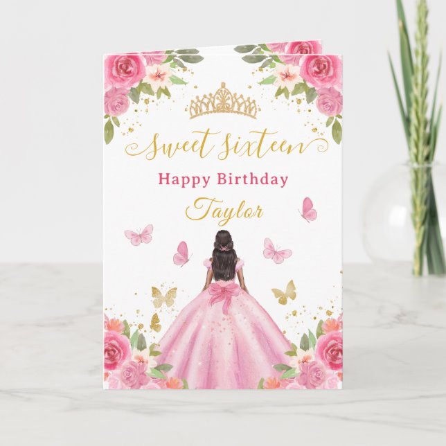 Cartão Sweet 16 Pink Princess African American Girl (Frente)