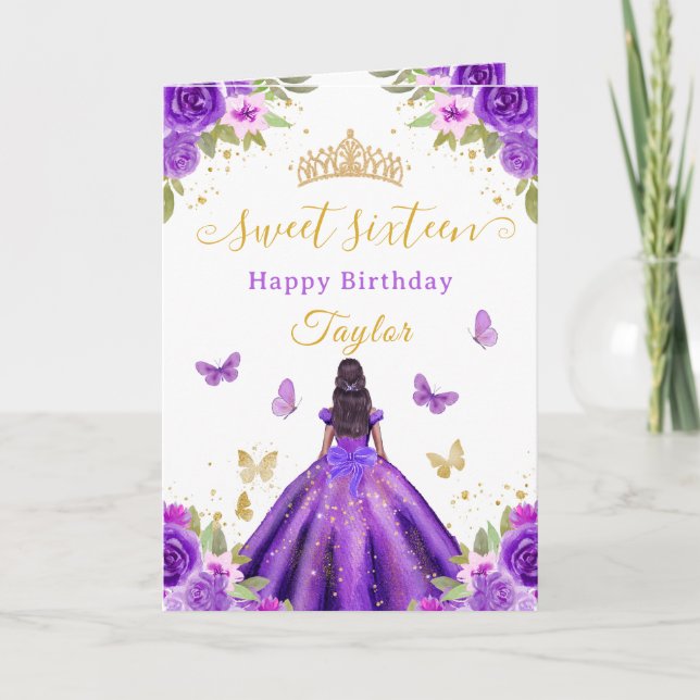 Cartão Sweet 16 Purple Princess African American Girl (Frente)