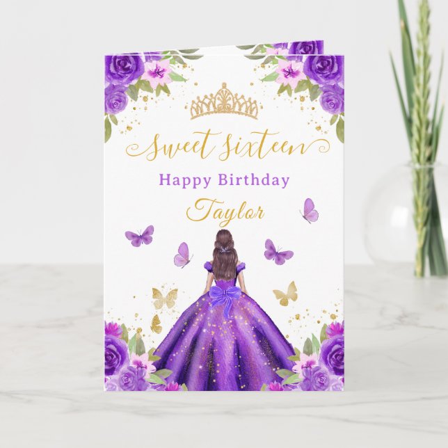 Cartão Sweet 16 Purple Princess Brunette Girl (Frente)