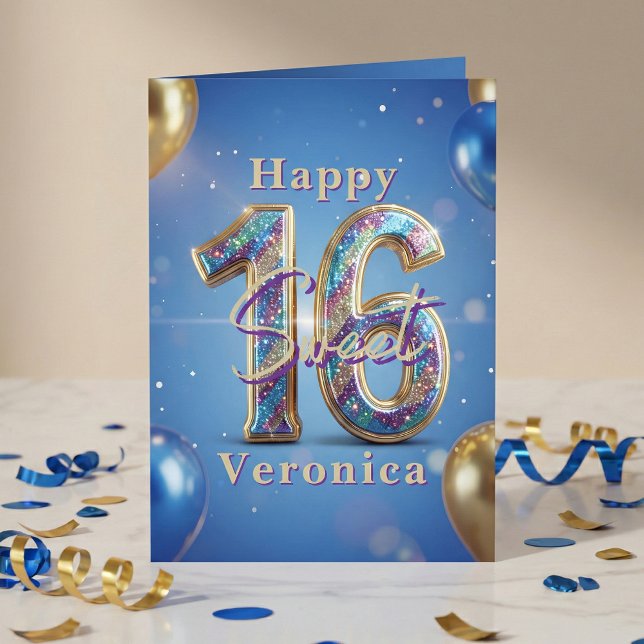 Cartão Sweet 16 Royal Blue Gold Glitter Balloon Birthday (Criador carregado)