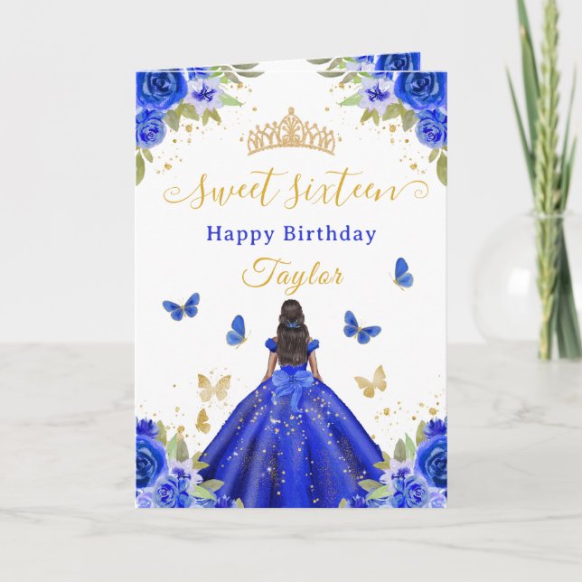 Cartão Sweet 16 Royal Blue Princess African American Girl (Frente)
