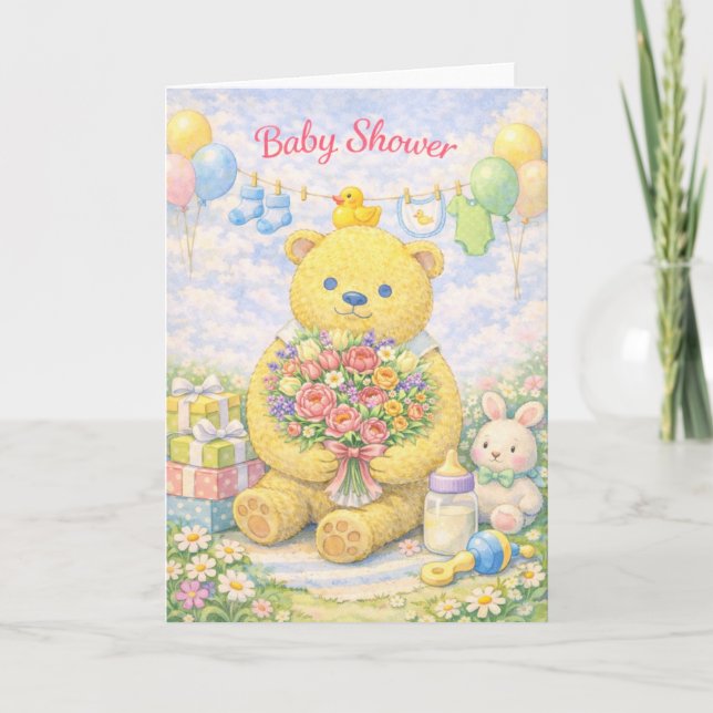 Cartão Sweet Baby Shower – Teddy Bear with Bouquet (Frente)