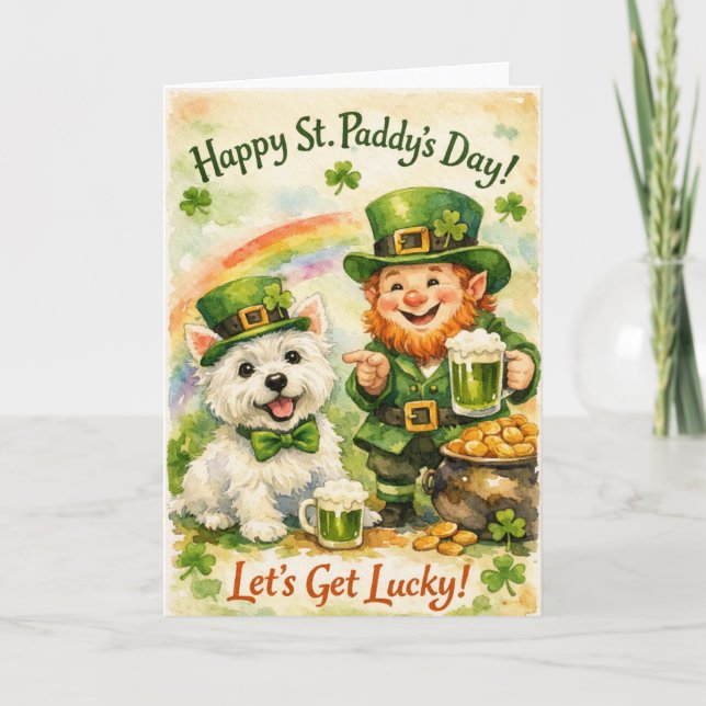 Cartão Sweet St. Patrick’s Day Westie & Leprechaun Card (Frente)