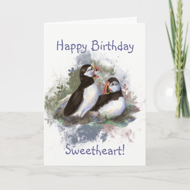 Cartão Swetheart Birthday Watercolor Puffin Casal (Frente)
