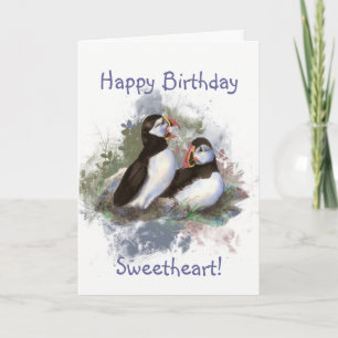 Cartão Swetheart Birthday Watercolor Puffin Casal