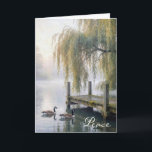 Cartão Sympathy Lake Dock with Canada Geese<br><div class="desc">A tranquil lake features a rustic wooden dock beneath elegant willow branches in the mist,  while two Canada geese glide across the still water,  creating gentle ripples behind them. 
The inside text can be changed.</div>