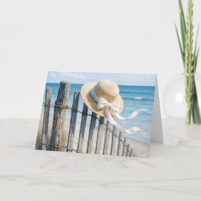 Cartão Sympathy Summer Straw Hat On Beach Fence (Frente)