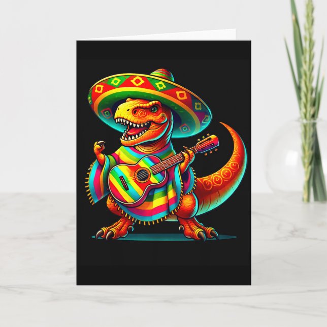 Cartão T-rex dinossauro tocando violão cinco de maio mexi (Frente)