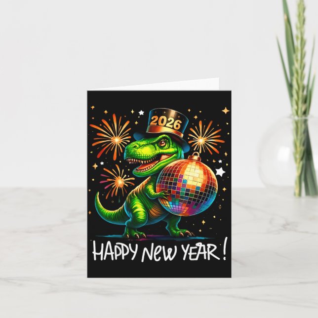 Cartão T Rex Happy New Year 2026 Disco Ball Fireworks Tee (Frente)